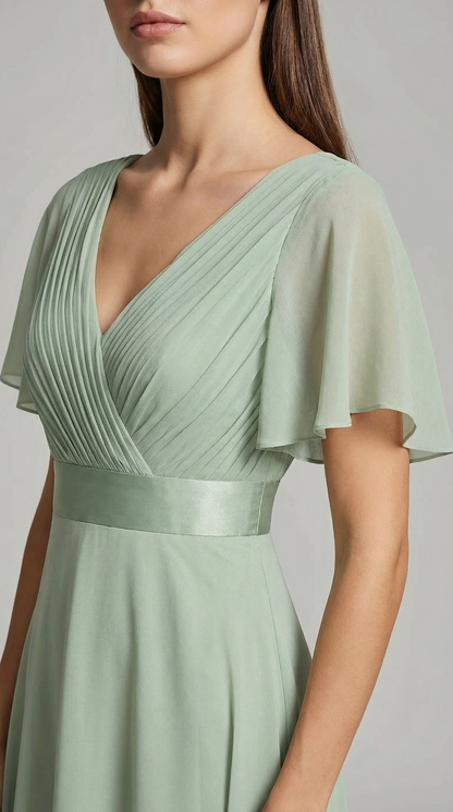 Elegant V-Neck Chiffon Maxi Evening Dress with Flutter Sleeves