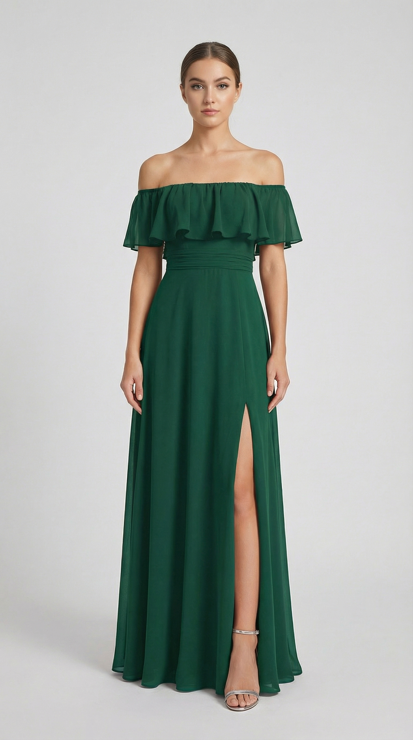 Elegant Off-The-Shoulder Maxi Bridesmaid Dress with High Slit