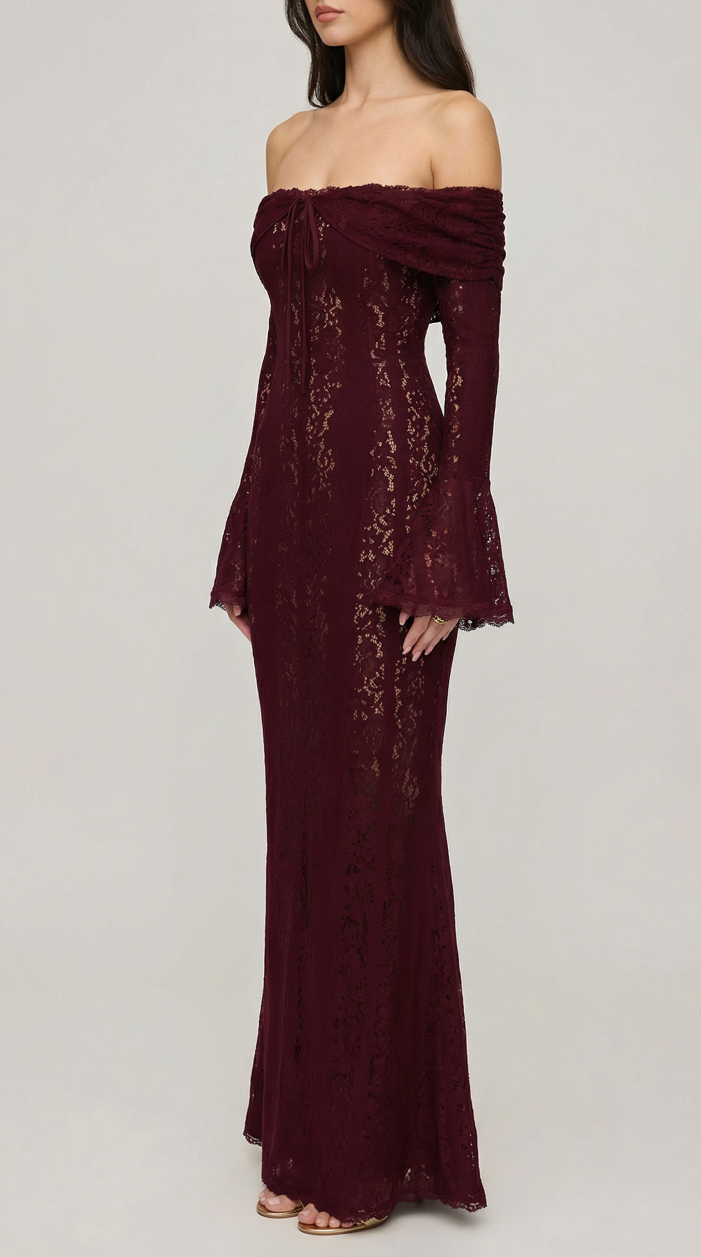 Burgundy Off-Shoulder Lace Maxi Dress with Flared Sleeves