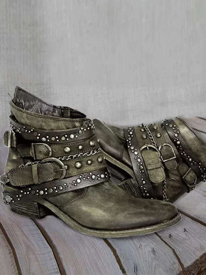 Vintage Washed Studded Buckles Ankle Boots