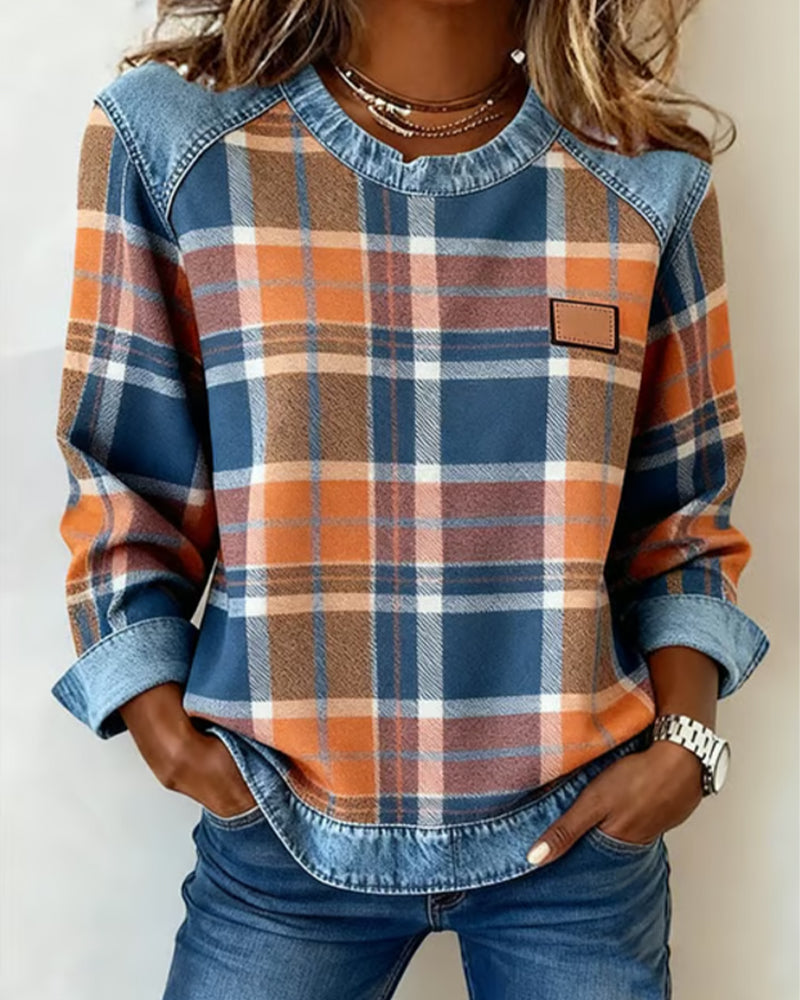 Women's Casual Round Neck Denim Patchwork Pullover Sweatshirt
