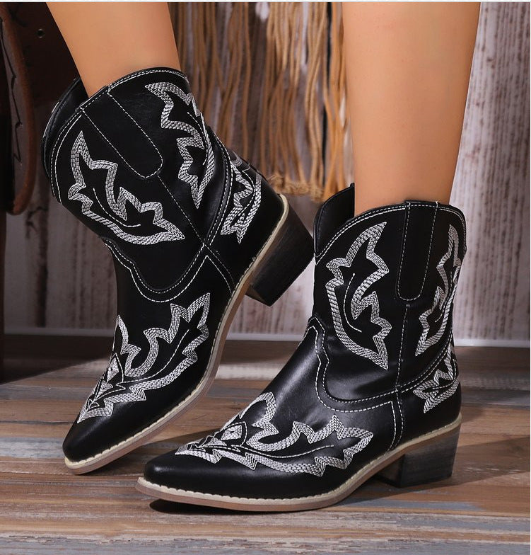 Vintage Embroidered Block Heel Short Western Boots