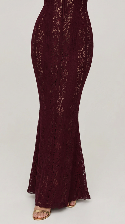 Burgundy Off-Shoulder Lace Maxi Dress with Flared Sleeves
