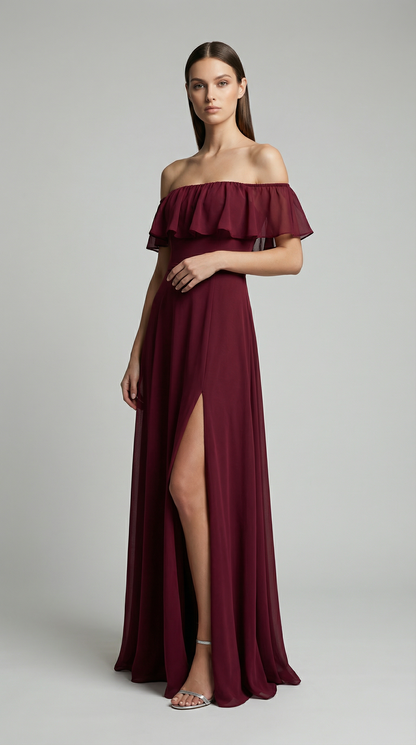 Elegant Off-The-Shoulder Maxi Bridesmaid Dress with High Slit