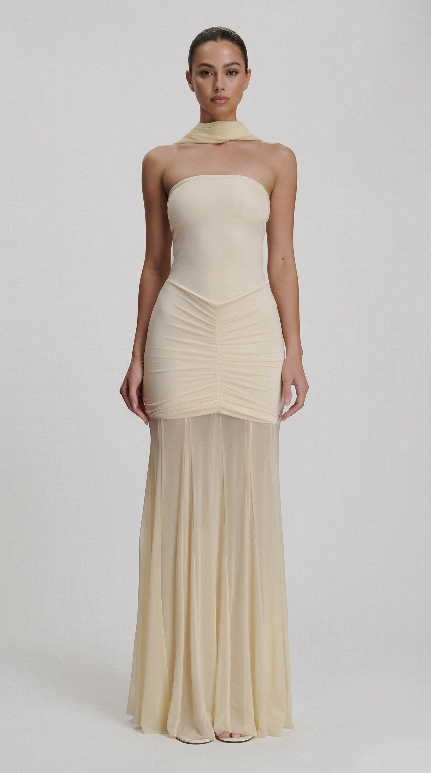 Strapless Ruched Mesh Patchwork Maxi Dress