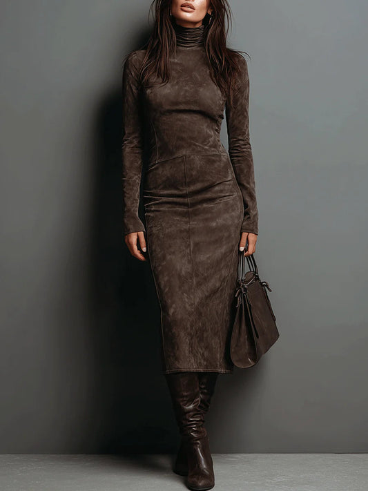 High Neck Long Sleeve Suede Midi Dress