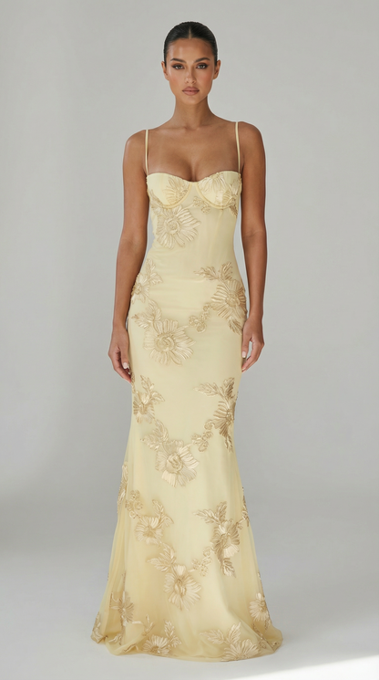 Floral Embroidered Mesh Mermaid Maxi Evening Dress