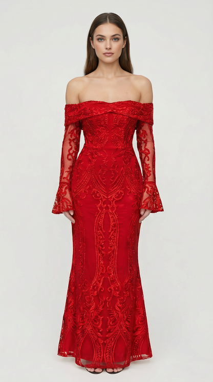 Burgundy Off-Shoulder Lace Maxi Dress with Flared Sleeves