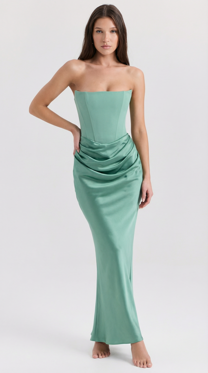 Strapless Satin Corset Maxi Dress – Elegant Evening & Gala Gown
