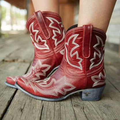 Vintage Embroidered Block Heel Short Western Boots