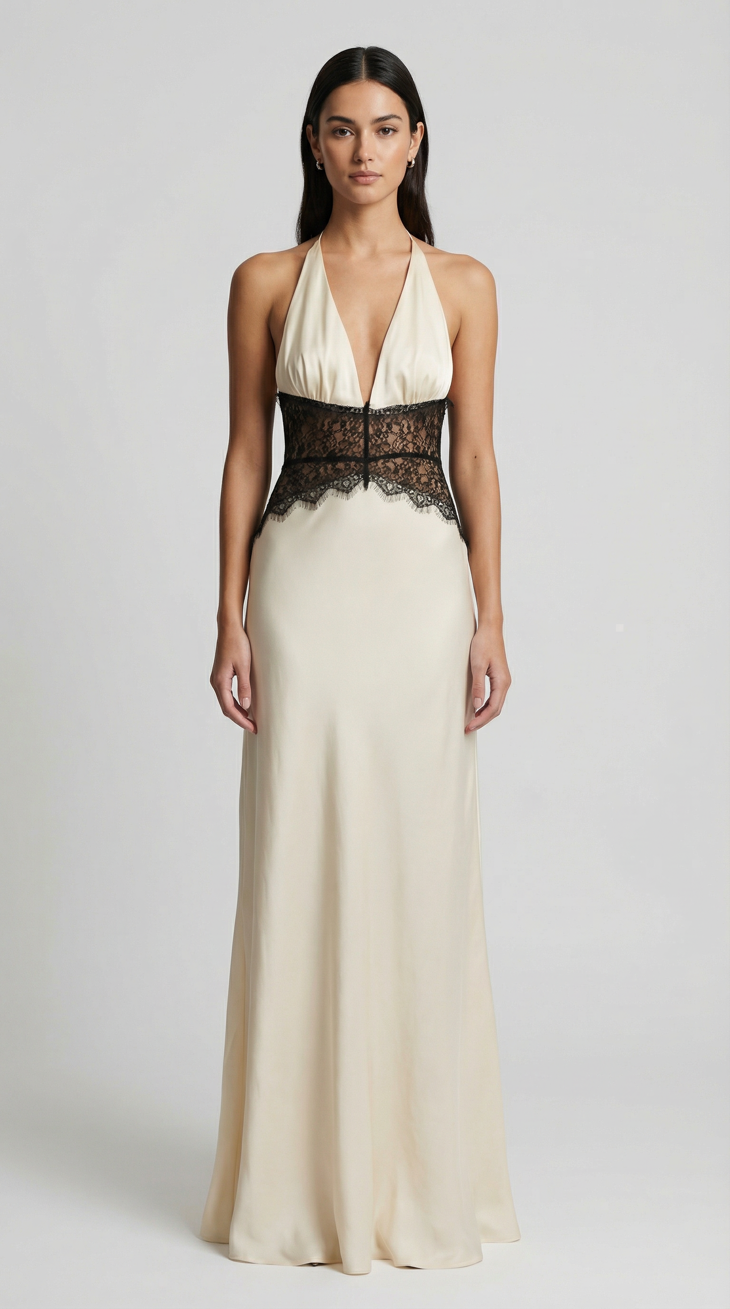 Backless Deep V Halter Lace Waist Satin Maxi Dress