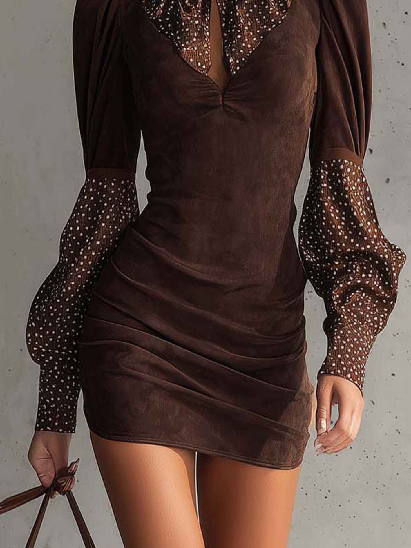 Brown Faux Suede Bodycon Dress With Satin Polka Dots