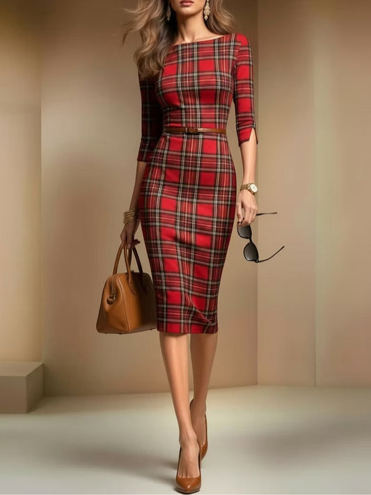 Red plaid three-quarter sleeve midi dress - Includes belt