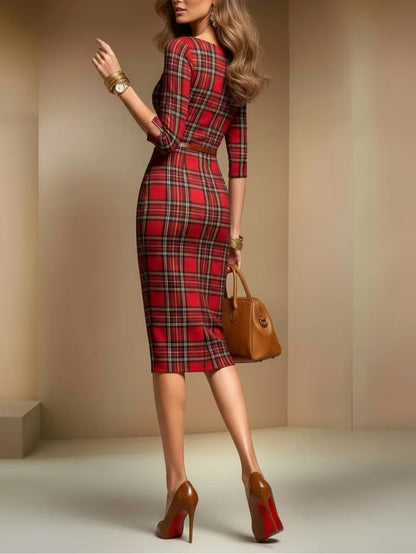 Red plaid three-quarter sleeve midi dress - Includes belt
