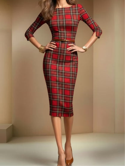 Red plaid three-quarter sleeve midi dress - Includes belt
