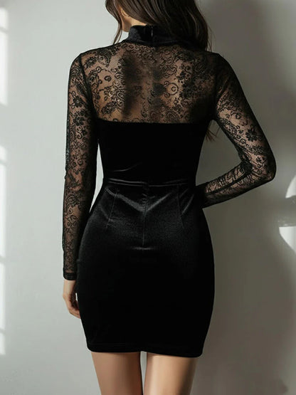 High Neck Black Velvet & Lace Sheer Panel Mini Dress