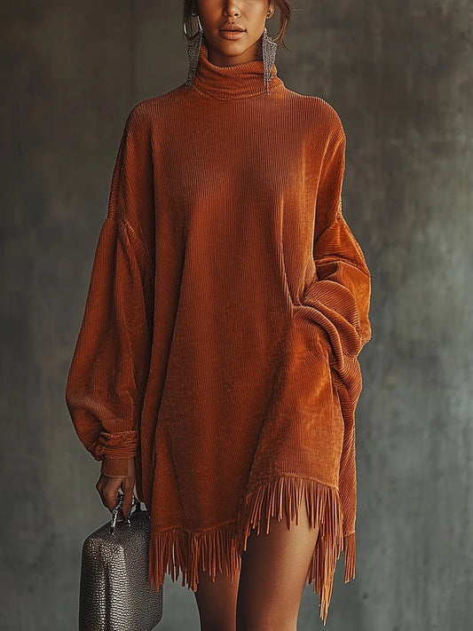Orange corduroy loose tassel hem high collar dress