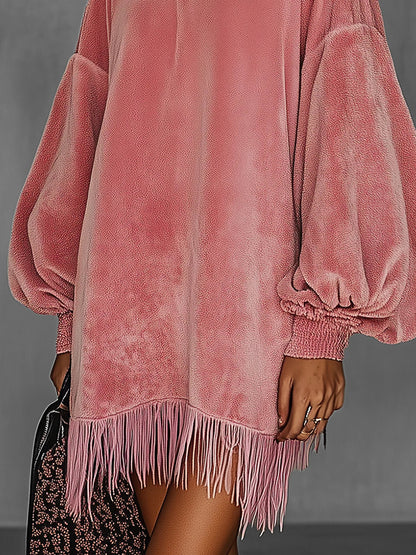 Oversized Pink Fringe Crew Neck Velvet Dress