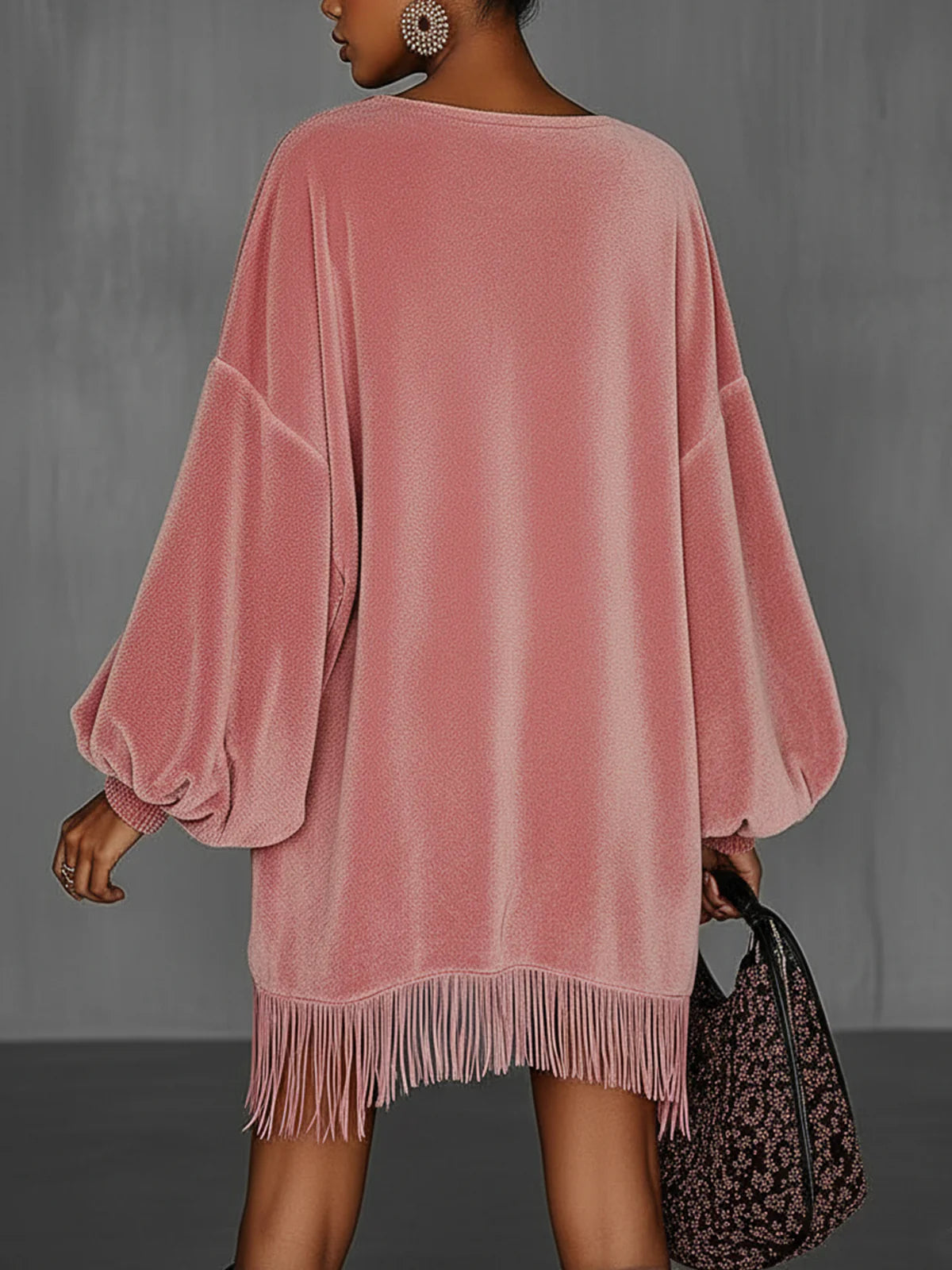 Oversized Pink Fringe Crew Neck Velvet Dress