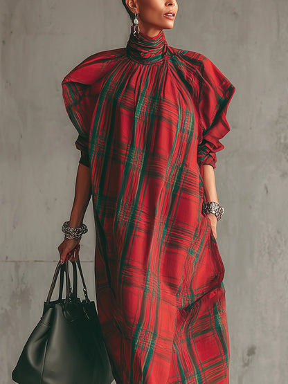 Red plaid loose-fitting short-sleeved long dress