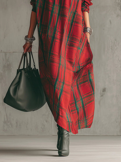 Red plaid loose-fitting short-sleeved long dress