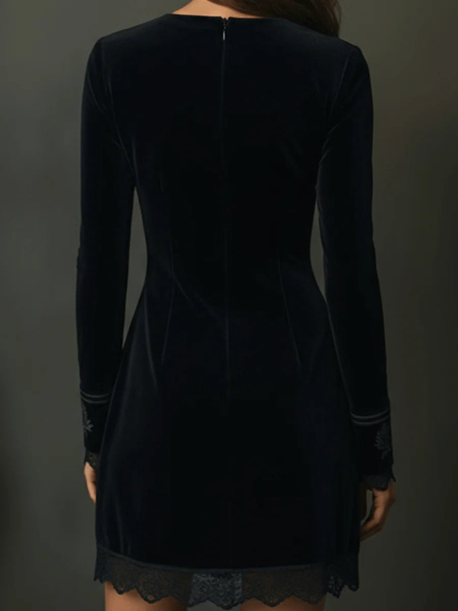 Retro Black Velvet Embroidered Lace Trim Mini Dress