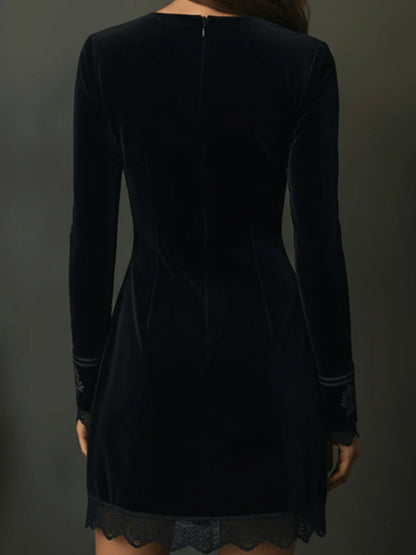 Retro Black Velvet Embroidered Lace Trim Mini Dress