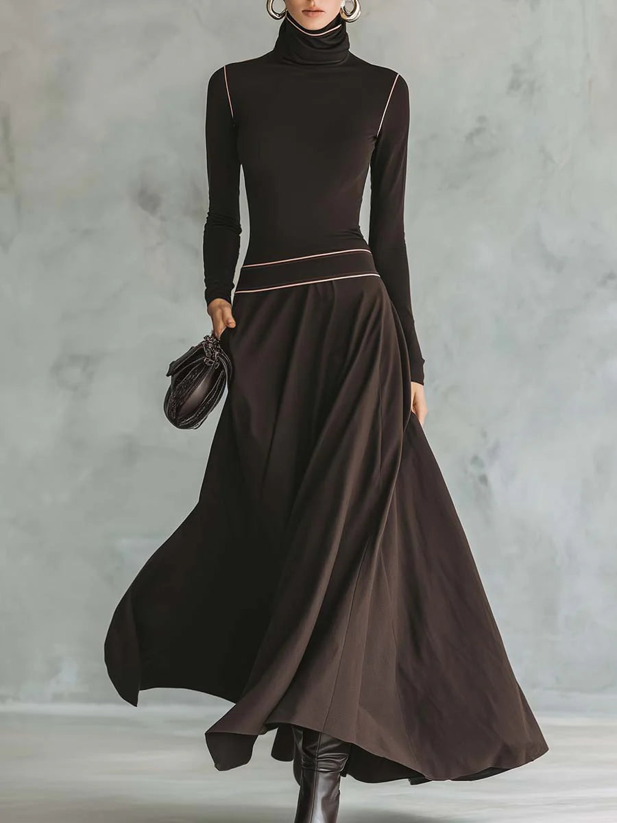 Retro elegant high-neck dark brown stretch maxi dress