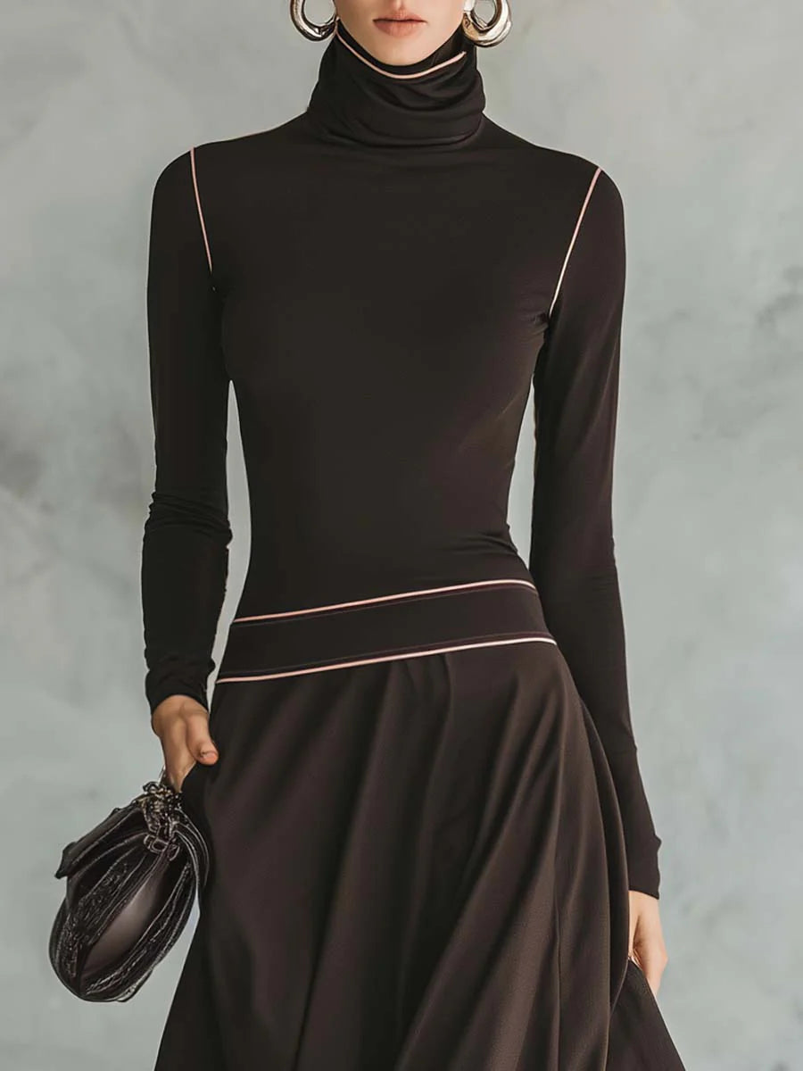 Retro elegant high-neck dark brown stretch maxi dress