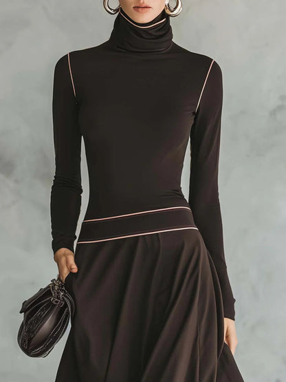 Retro elegant high-neck dark brown stretch maxi dress