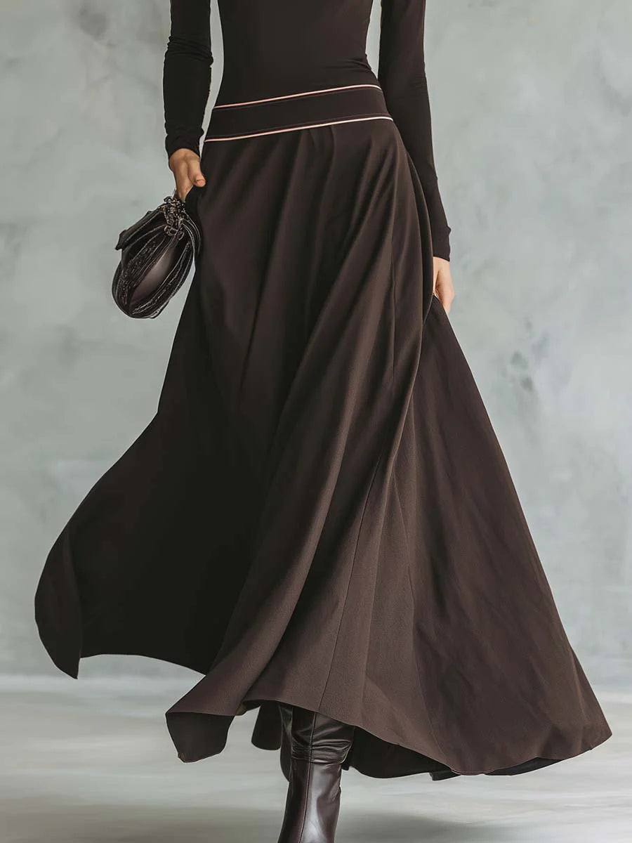 Retro elegant high-neck dark brown stretch maxi dress
