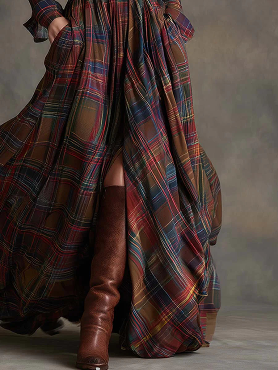 Retro lapel reddish brown plaid maxi dress