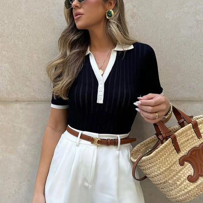 Élise | Elegant Knit Top with Contrast Collar