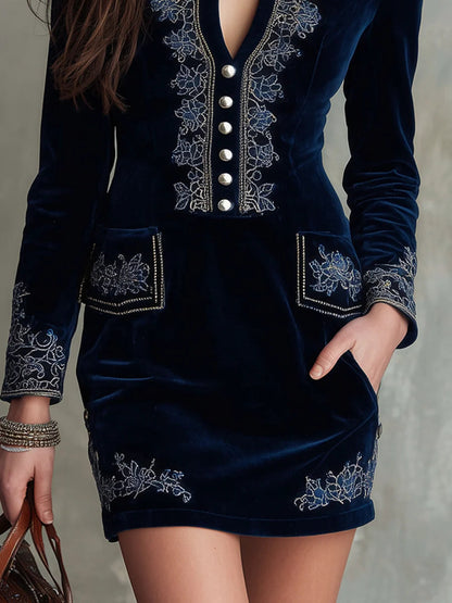 Vintage Embroidered Fitted Velvet Mini Dress