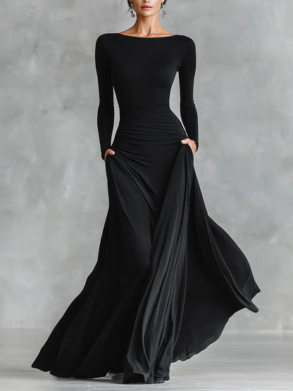 Black modern crepe pleated boat neck long dress