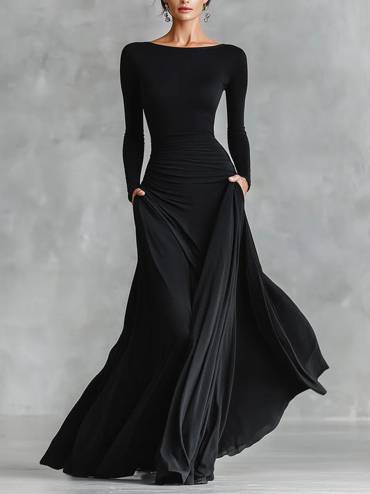 Black modern crepe pleated boat neck long dress