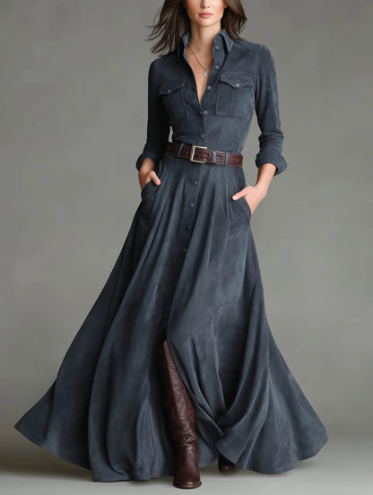 Faux suede shirt collar single-breasted belted floor-length dress(Includes belt)