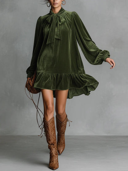 Loose-fitting Velvet Mini Dress With Bow Tie Neckline