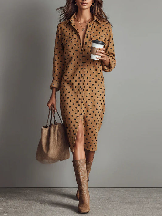 Polka Dot Faux Suede Shirt Midi Dress
