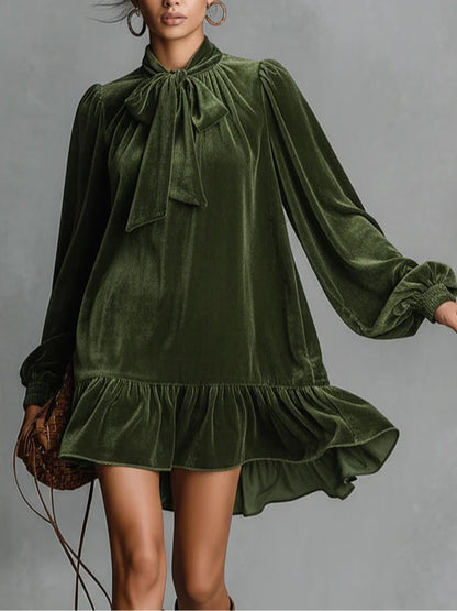 Loose-fitting Velvet Mini Dress With Bow Tie Neckline