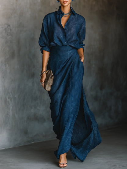 Elegant Dark Blue Cotton And Linen Blend Shirt Long Skirt Set