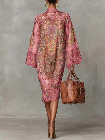 Pink Paisley Print Flared Long Sleeve Loose Midi Dress