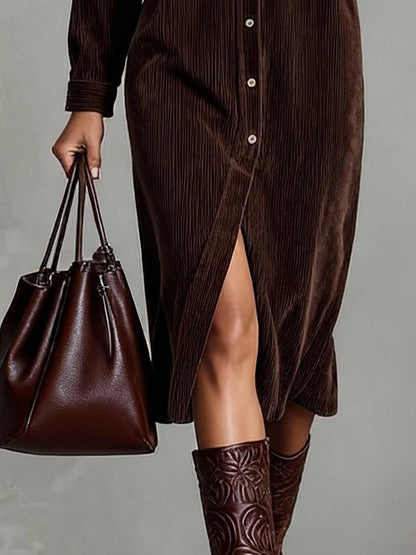 Dark Brown Loose Corduroy Double Chest Pocket Single Breasted Midi Dress