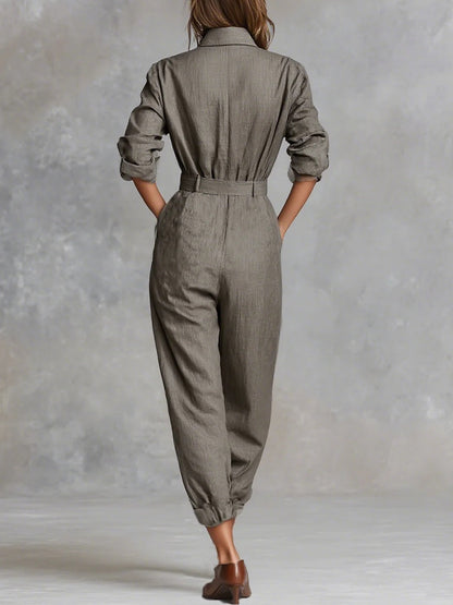 Cotton And Linen Blended Long Sleeve Shirt Jumpsuit