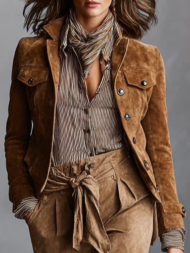 Brown Suede Single-Breasted Lapel Cropped Jacket