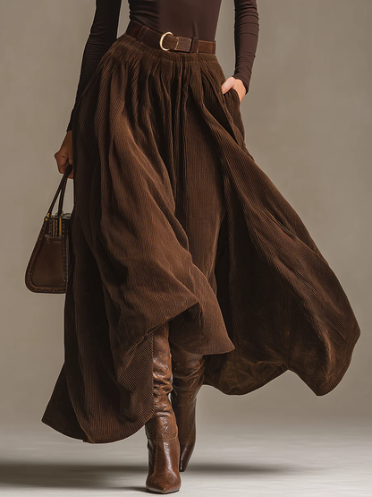 Dark Brown Turtleneck Top And Corduroy Skirt Set