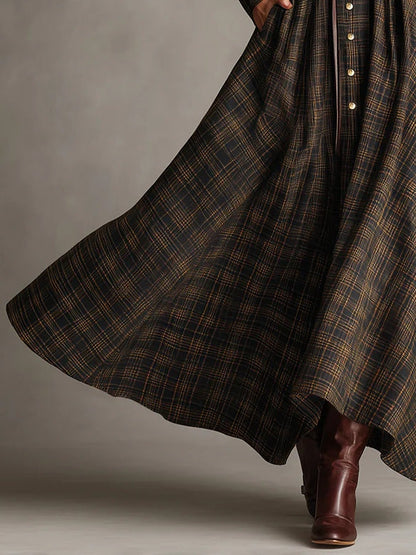 Brown and Black Plaid Lapel Single-Breasted Shirt Long Dress