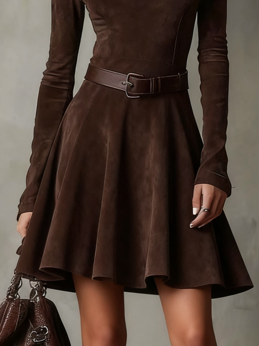 Vintage Dark Brown Suede Mock Neck Mini Dress