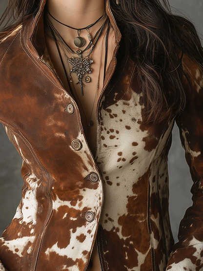 Vintage Stand-up Collar Cow Print Slim-fit Jacket