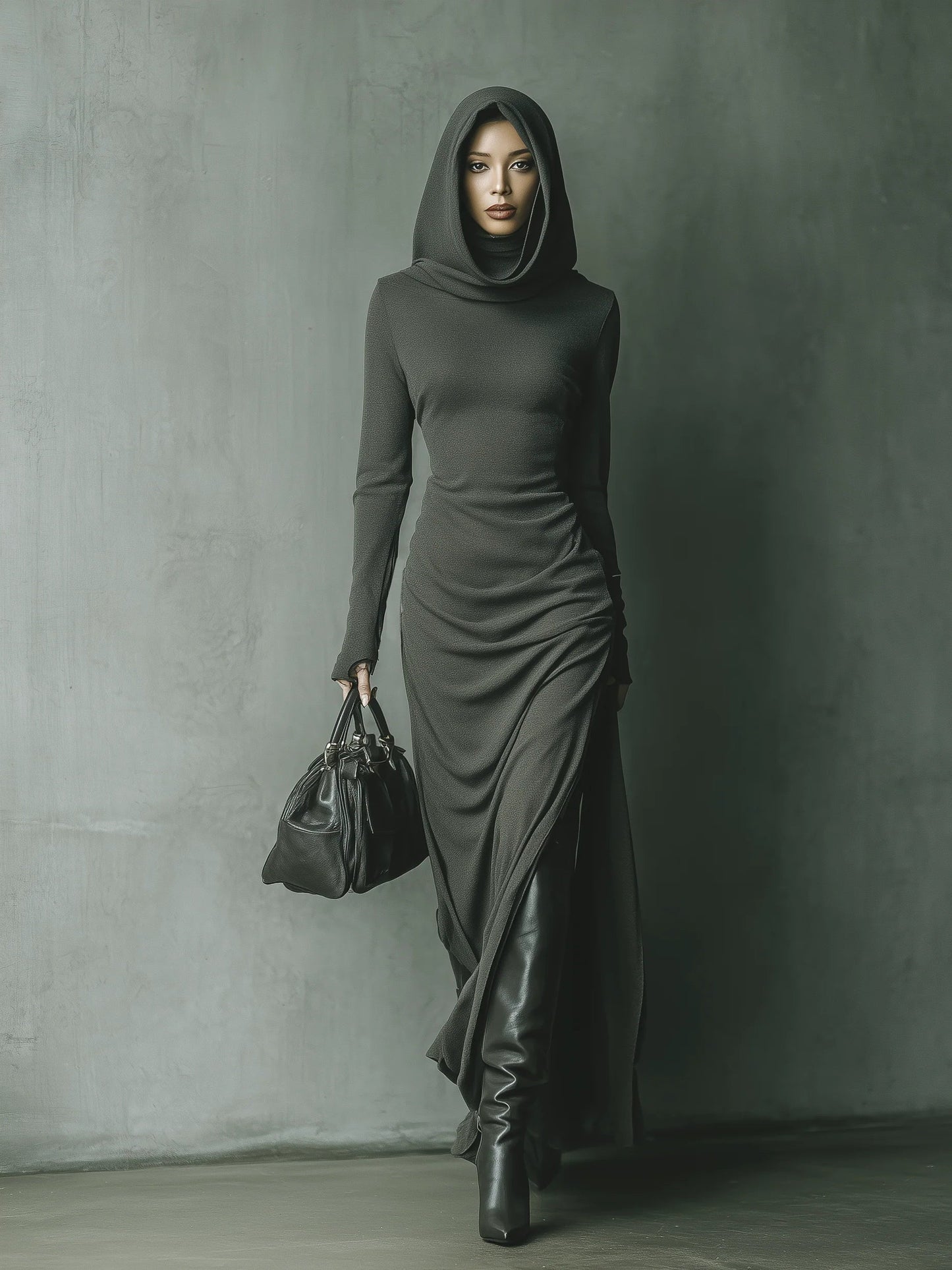 Dark Grey High Elastic Knitted Hooded Maxi Dress